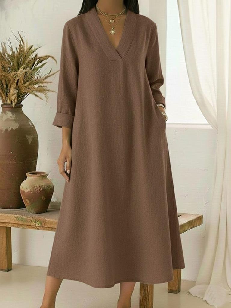 Spring Casual V-neck Cotton Linen Long Sleeve A-line Maxi Dress