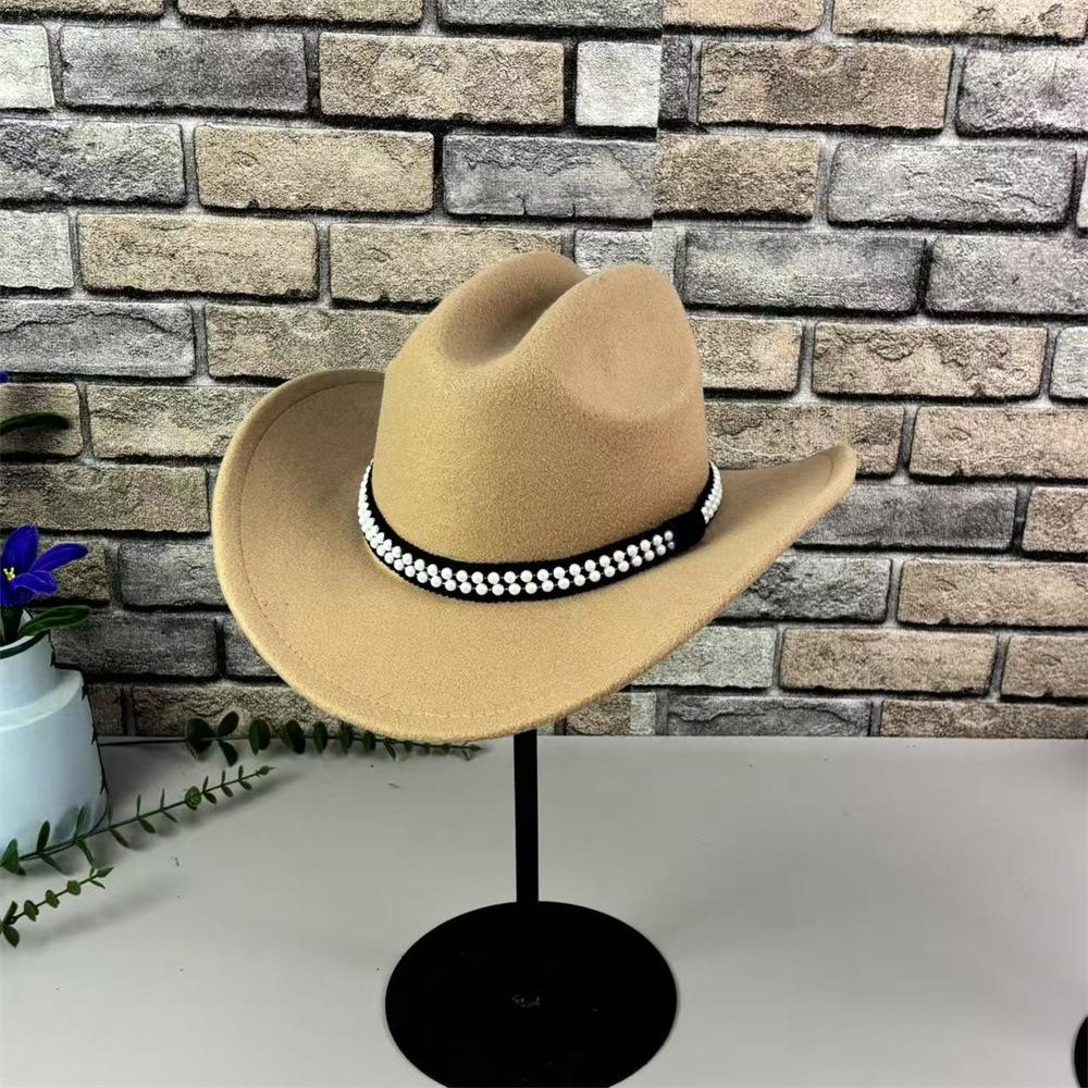 European and American Style Woolen Pearl Accessories Cowboy Hat Woolen Pearl Cowboy Hat Autumn and Winter Cowboy Hat Grassland Knight Hat