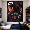 Batman V Superman: Comic-style Poster of Superman and Batman Profiles Facing Off with Wonder Woman Below City Skyline, Orange and Wall Tapestry