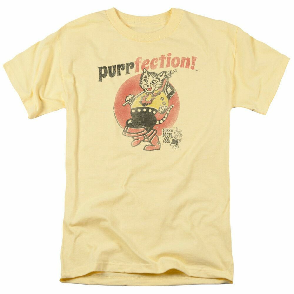 

Puss N Boots Purrfection T Shirt Mens Licensed Cat Food Banana M