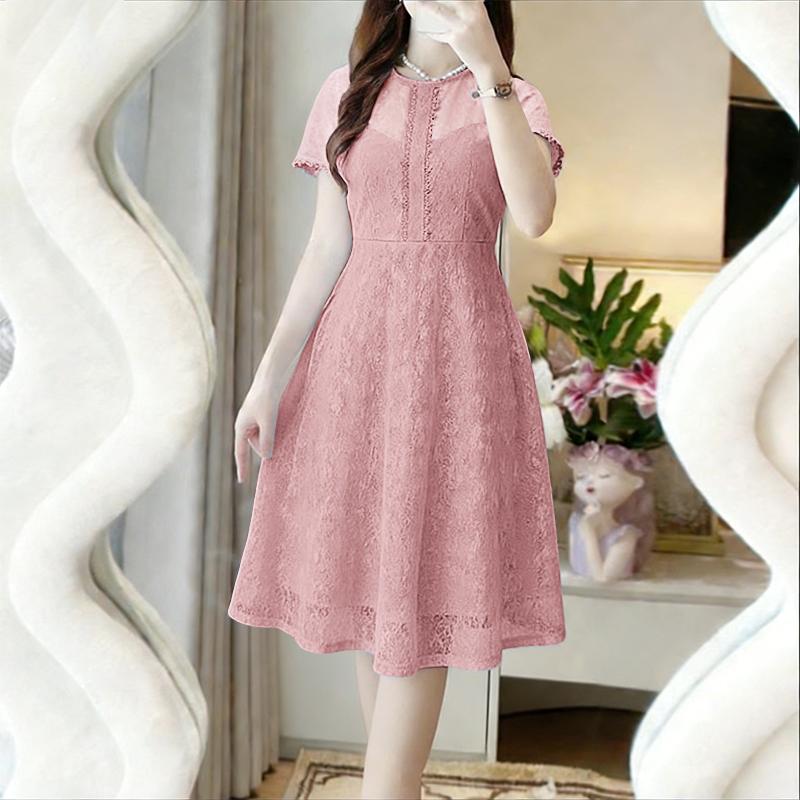 ZANZEA Vestido Feminino Casual de Verão com Gola Redonda, Manga Curta e Renda