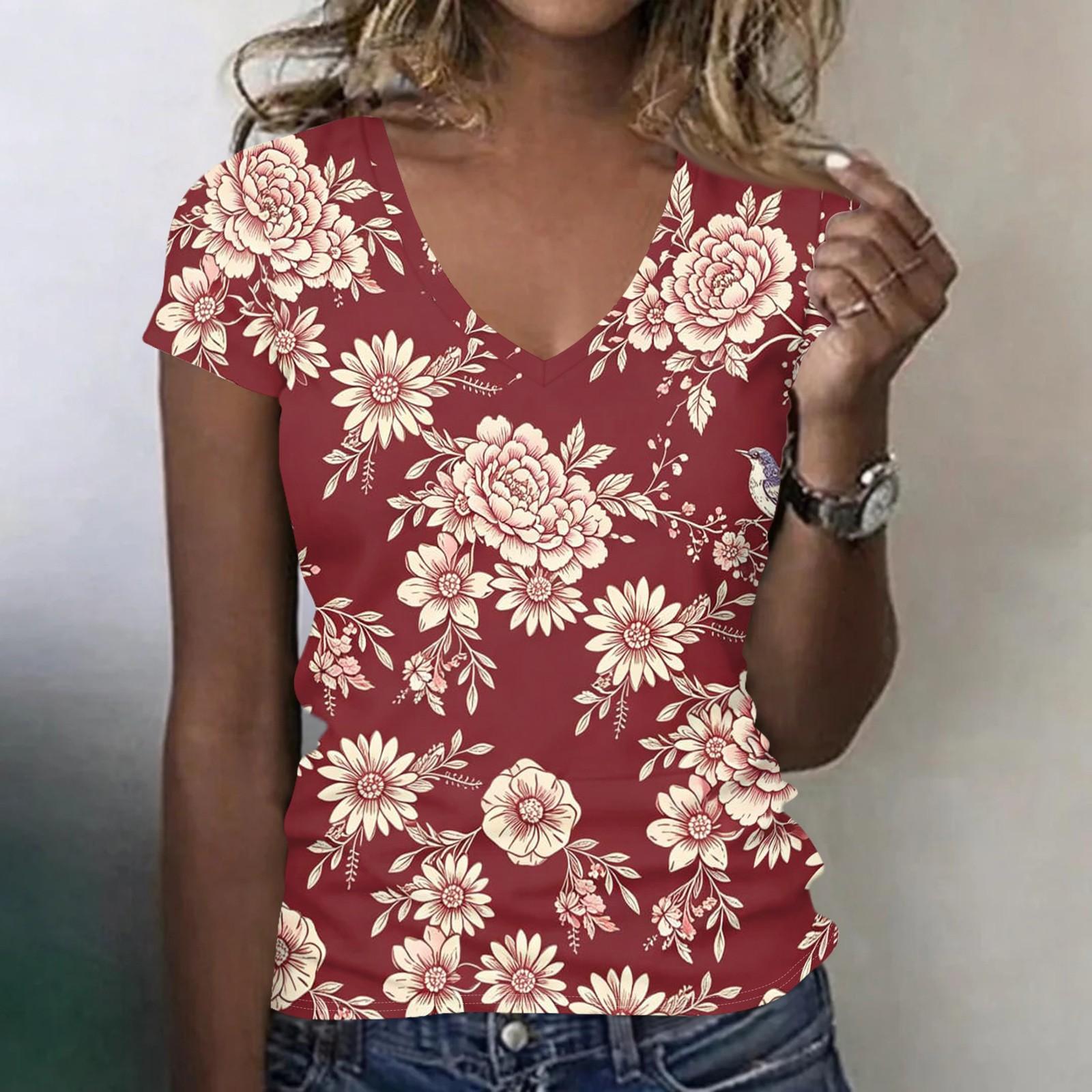 Women’s Casual V Neck Short Sleeve T Shirt with Floral Print Relaxed Fit Lightweight Top for Everyday Wear L