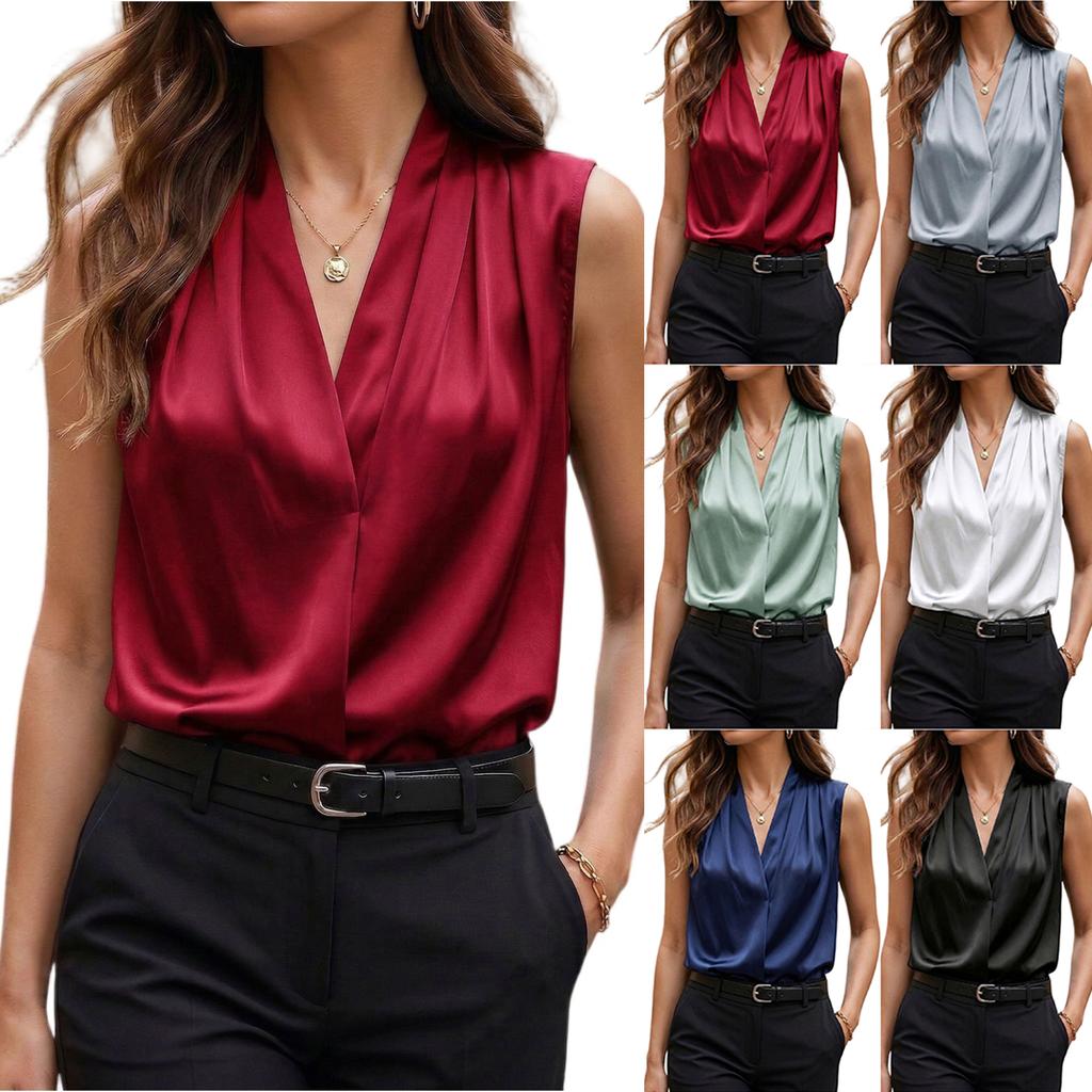 Sleeveless Satin Blouse for Women V Neck Front Office Top Classic Fit Lightweight Shirt