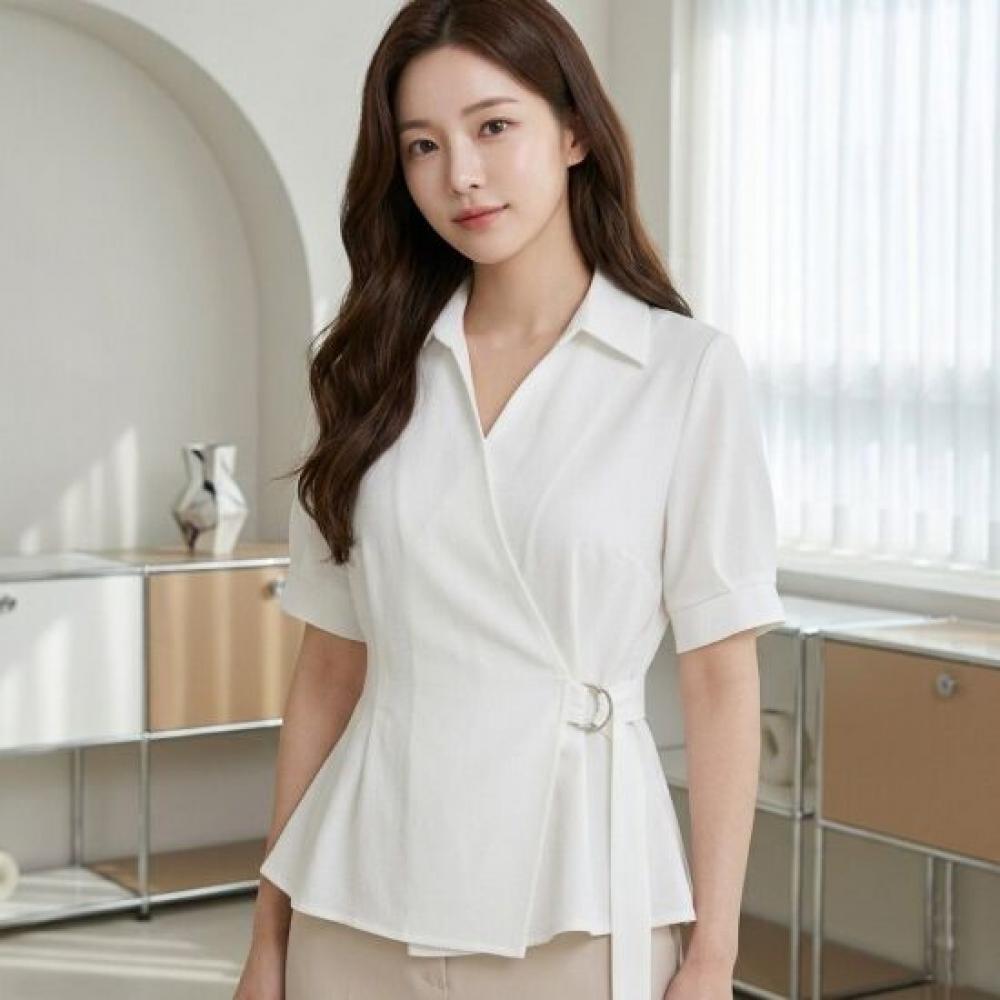 Style Latte Women Summer Short SleeVe Collar Wrap Blouse Simple V Neck Blouse