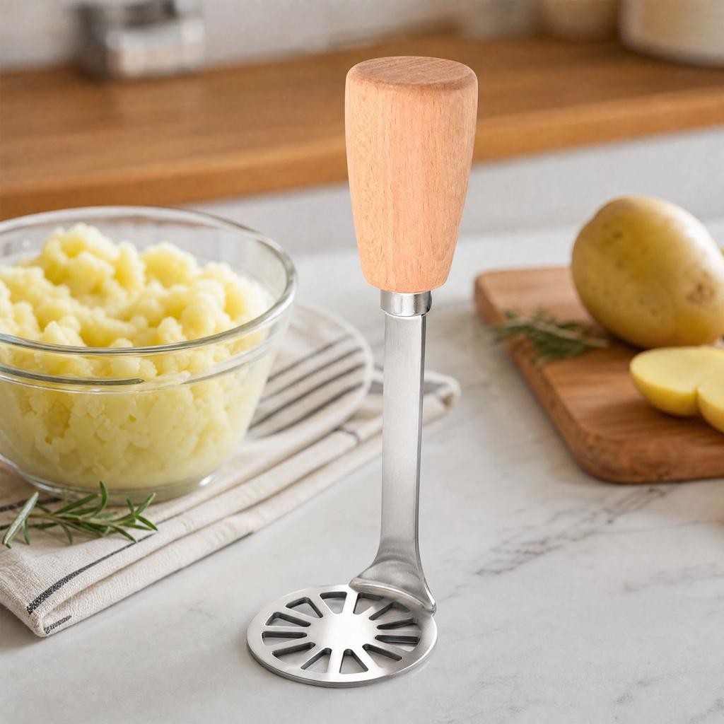 Stainless L-Shaped Potato Masher with Wooden Handle for Potatoes and Vegetables