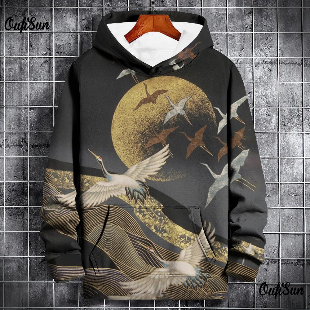 Animal Hoodies For Men 3d Crane Print High-Quality Men Clothing Daily Casual Long Sleeved Loose Oversized Pullover Harajuku Tops