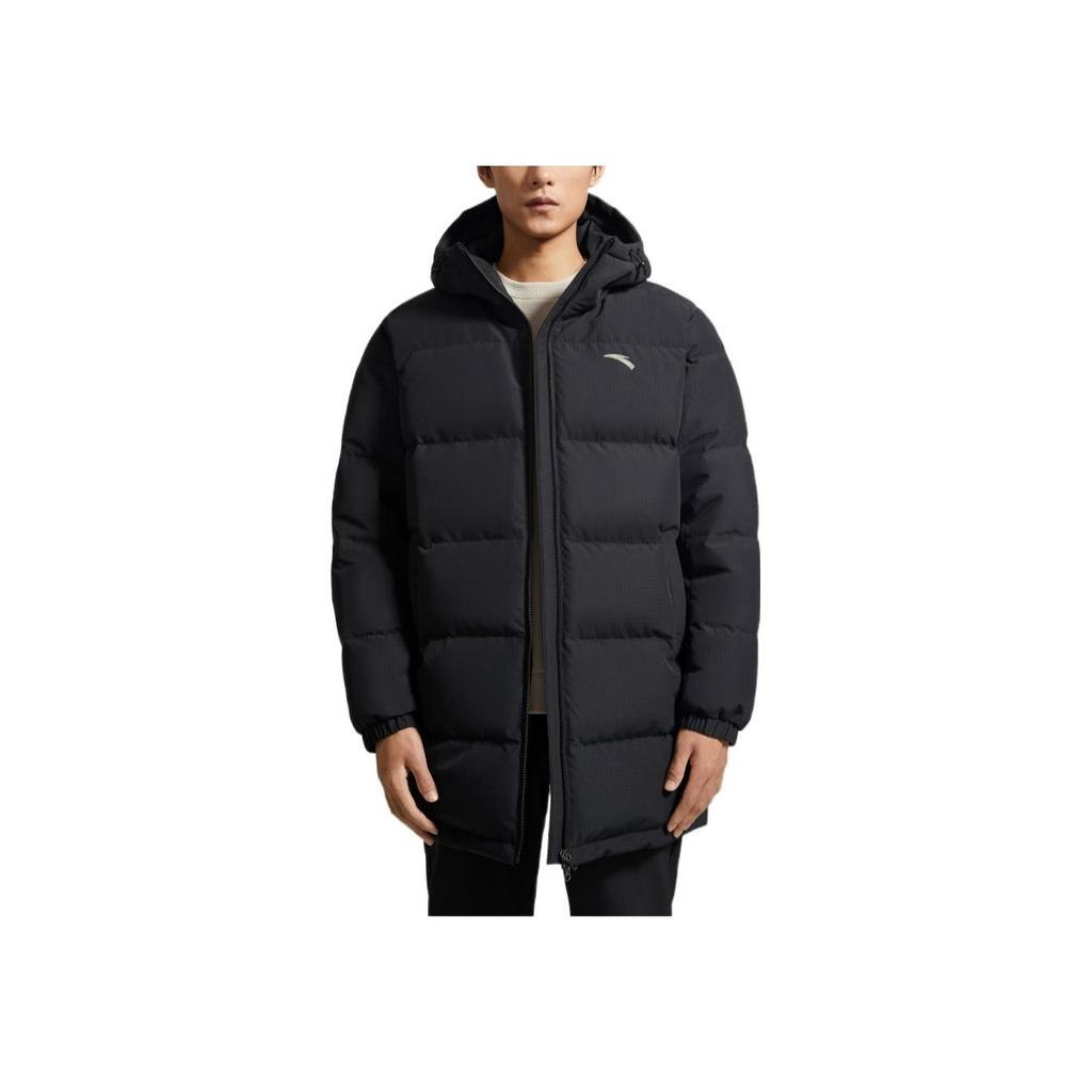 Anta FW22 Solid Color Logo Print Long Zip Hooded Down Jacket Men Outerwear Black 952247976-2