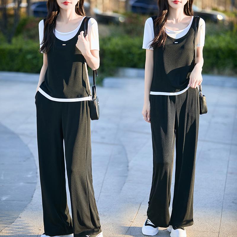 

Women s Faux Two-Piece Color-Block Slimming Suit - Summer 2026, Round Neck, Short Sleeve, Versatile & Fashionable. 2XL