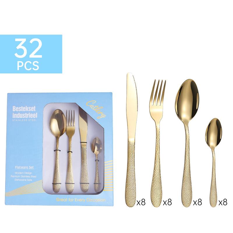 Stainless Steel Tableware 32-Piece Set Water Cube Four Main Pieces Steak Knife, Fork and Spoon