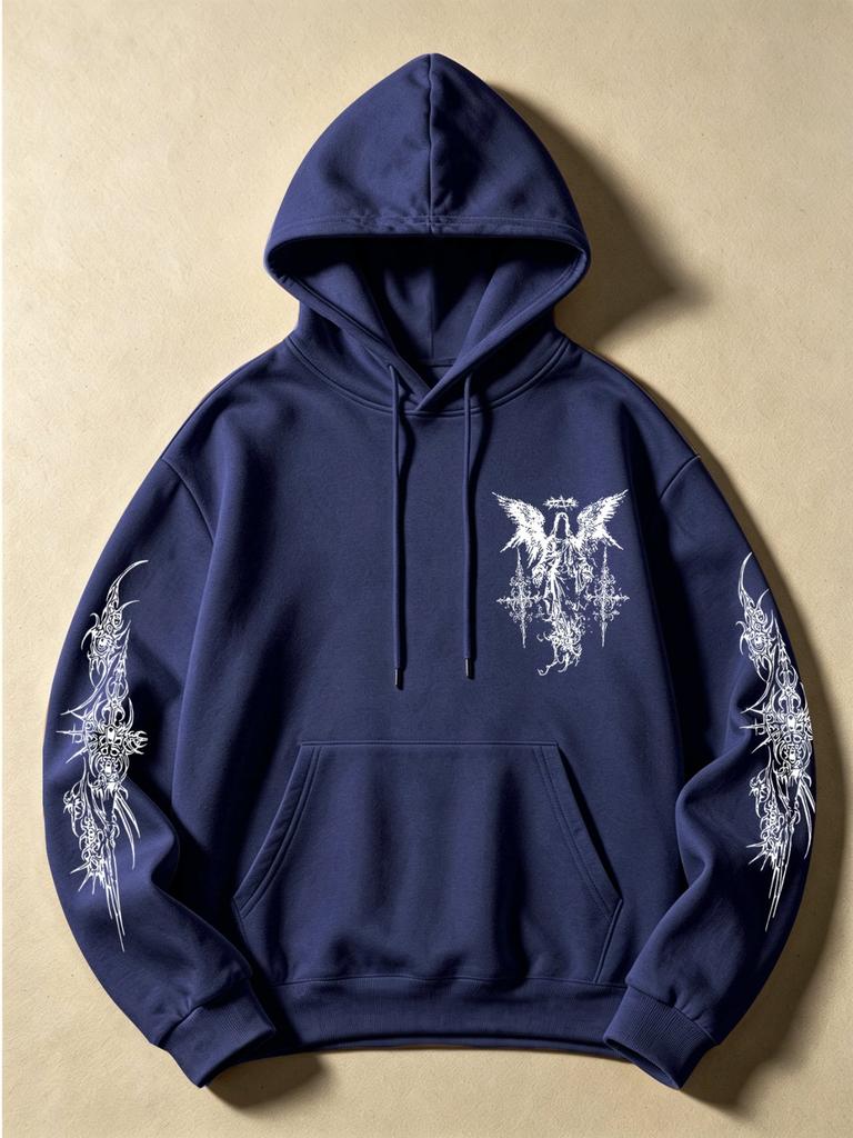 Dark Style Angel Cross Print Hoodie for Men, Double Sleeve ThornPatternDesignDrawstring Hooded Sweatshirt, Streetwear Trendy Versatile Long Sleeve Top