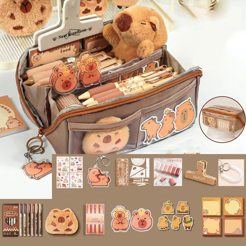 237Pcs Cute Capybara Pencil Case For Student Cartoon Anime Creative Pencil Bag High Capacity Stationery Storage Bag Pendant Pen