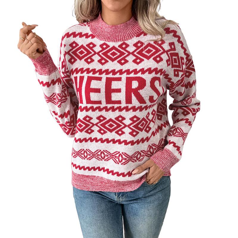 Women's Casual Autumn/Winter 2026 Half-High Collar Loose Letter Pullover Sweater