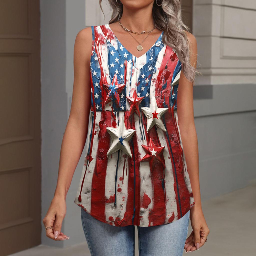 V-Neck Tank Top Women Print Tank Tee Casual Loose Fit Sleeveless Shirt