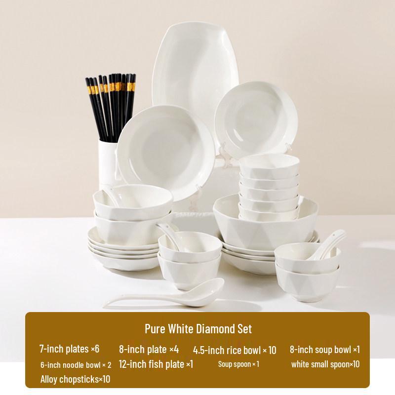 Bone China 10-Person Pure White Microwaveable Tableware Set: Rice Bowls, Plates, and Large Soup Bowls.