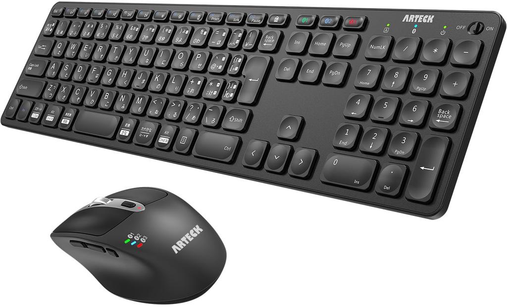 Arteck Bluetooth-Tastatur-Maus, verbindet sich mit 3 Geräten gleichzeitig, Bluetooth in voller Größe, ergonomisch, Smartphone, austauschbar mit Set, Multi-Pairing,