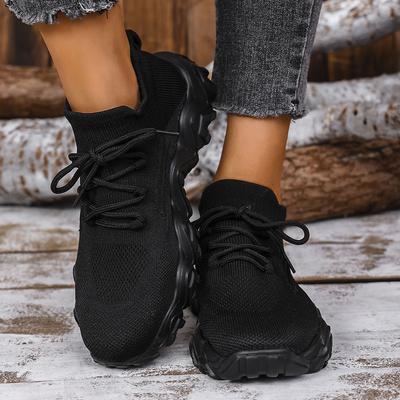 Damen Sportschuhe mit Schnürung, Mesh, atmungsaktiv, Outdoor-Walking, runde Zehenpartie, rutschfest, dicksohlige Tennisschuhe