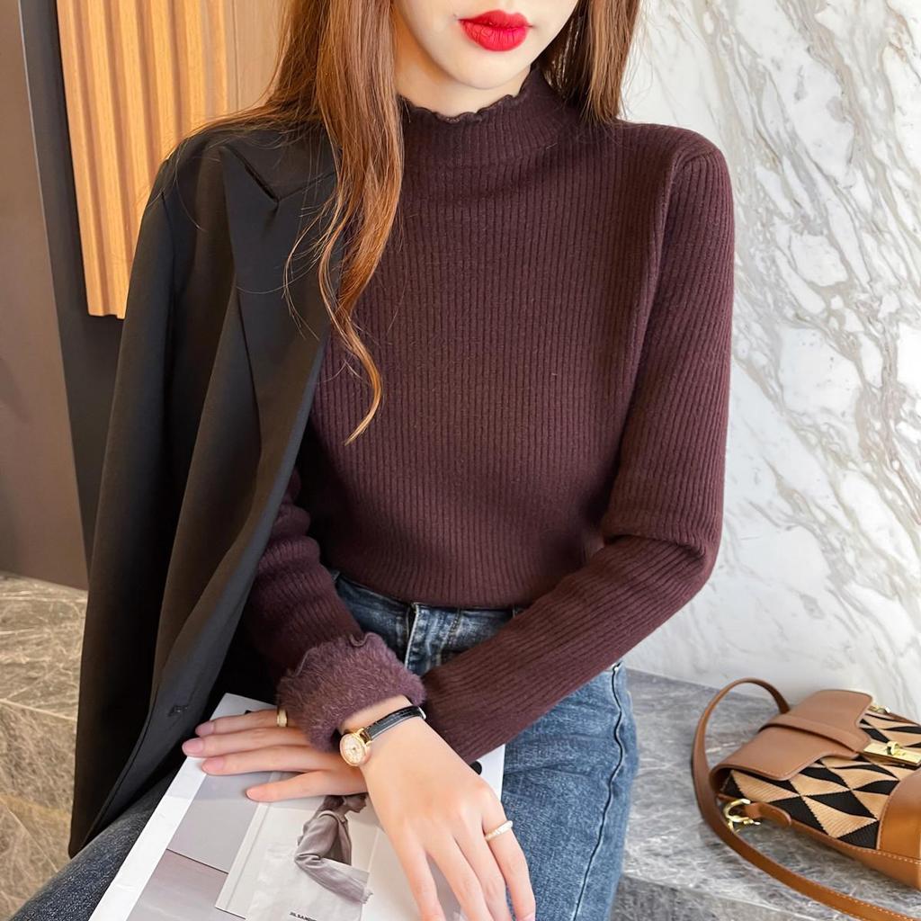 Women's Plus Velvet One-Piece Fleece Sweater, Half-High Collar Pullover, Fashionable Long Sleeve Knitwear for Autumn and Winter
