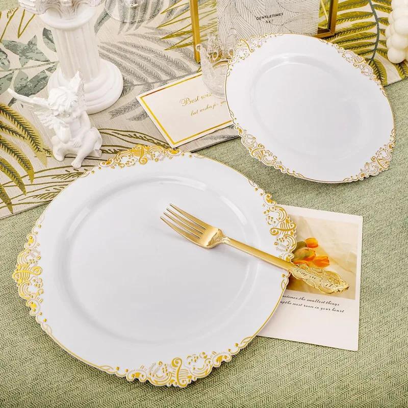 50pc Plate with Gold Beads Rim Plastic Decorative Dinner Serving Plate Dessert Wedding Xmas Party Dining Plates Decor