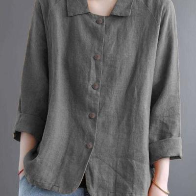 Womens Solid Casual Turn Down Collar Long Sleeve Cotton Blouse
