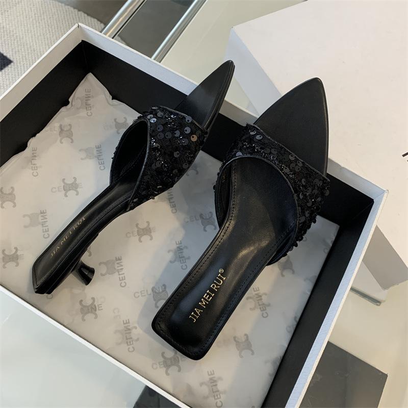 Fish mouth slippers women's rhinestone shoes pointed fashion black beach new sandals sequins high heels silver sandals