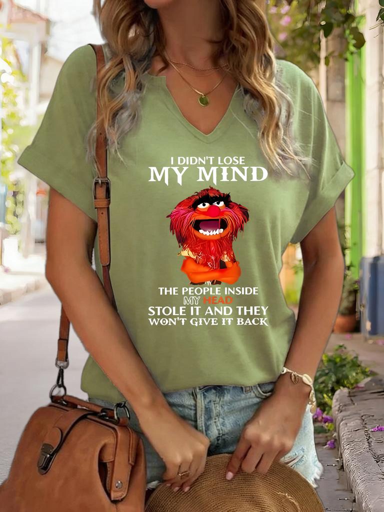 Women's V-Neck "I Didn't Lose My Mind" Graphic Tee, Funny Cartoon Print T-Shirt, Casual Short Sleeve Humor Top