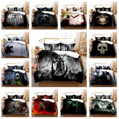3D Home Bedding Set Black Quilt Cover Queen King Full Size Double Bed Skull Print Quilt Cover Adult Quilt Cover and Pillow Cover Bedding