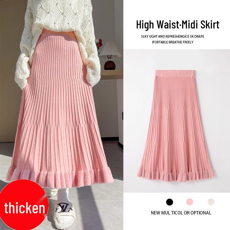 

Women s High Waist Drape Frill Midi Skirt - Autumn/Winter A-Line Knit with Patchwork and Big Swing Hem. One Size 80~150 cm