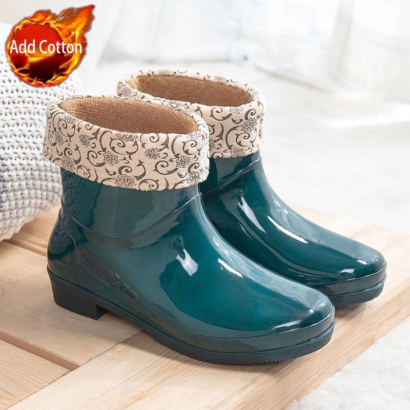 Women's Waterproof Short Shaft Rain Boots Fleece-Lined Anti-Slip Warm Rubber Boots for Kitchen & Outdoor Stylish Adult Footwear