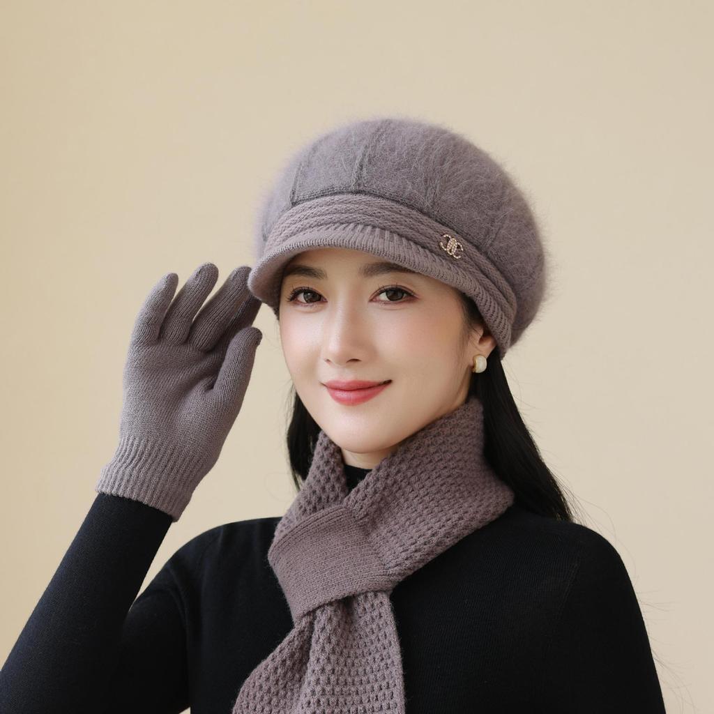 Knitted Woolen Hat New Rabbit Fur Hat for Women Mother  Middle Aged and Elderly Plus Velvet Warm Hat Grandma's Cold Proof Scarf