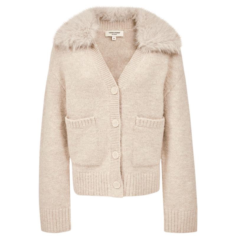 Veromoda Cardigan da donna in misto lana con scollo a V e colletto in pelliccia staccabile