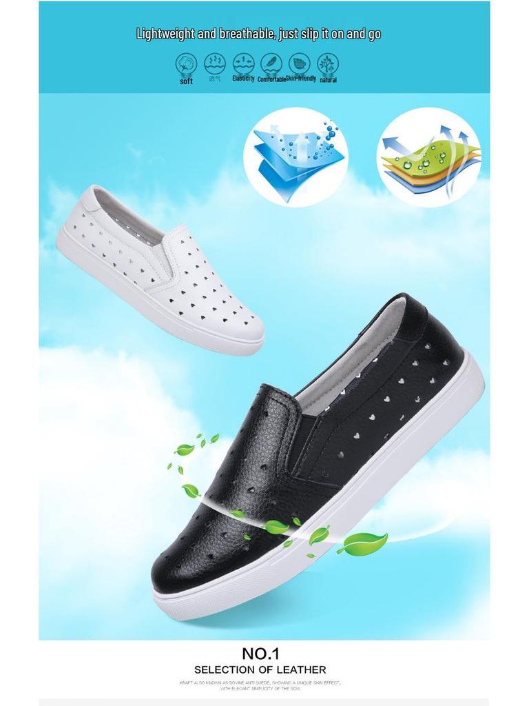 Spring Plus Size Women's Genuine Leather Slip-On White Flats - Casual, Breathable, Korean Style