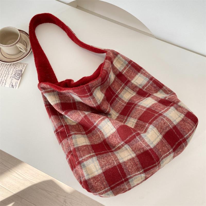 Small Fresh Plaid Double-sided Back Plush Women's Shoulder Bags Simple Solid Color Ladies Handbag Large Capacity Female Tote Bag