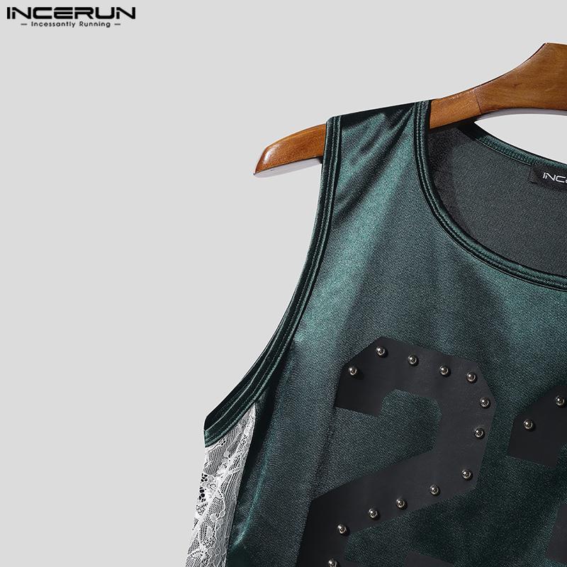 INCERUN Men O Neck Sleeveless Letter Print Lace Patchwork Cropped Irregular Tank Tops