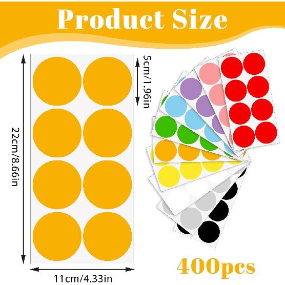 2 Inch Colored Dot Stickers, 400 Pcs Round Color Coding Labels, Removable Writable Circle Sticky Stickers for Organizing, Sorting, Pricing, Garage,