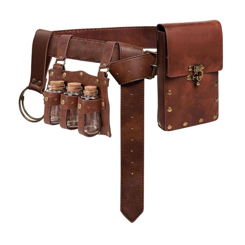 Medieval Leather Waistband Belt with Cord and Pouch