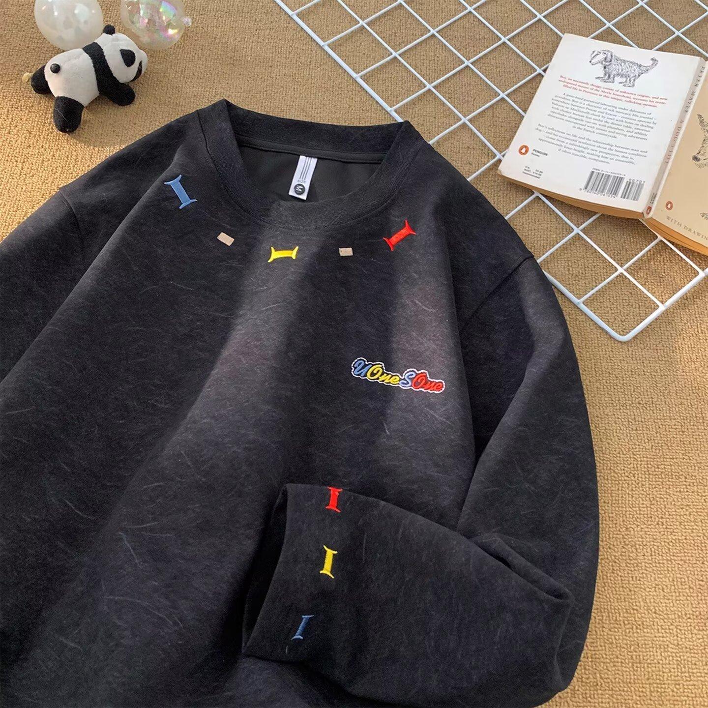 

American High Street Letter Embroidered Long-sleeved T-shirt Men s Autumn Trendy Brand Design Crew Neck Sweater Loose Couple Top 3XL чорний
