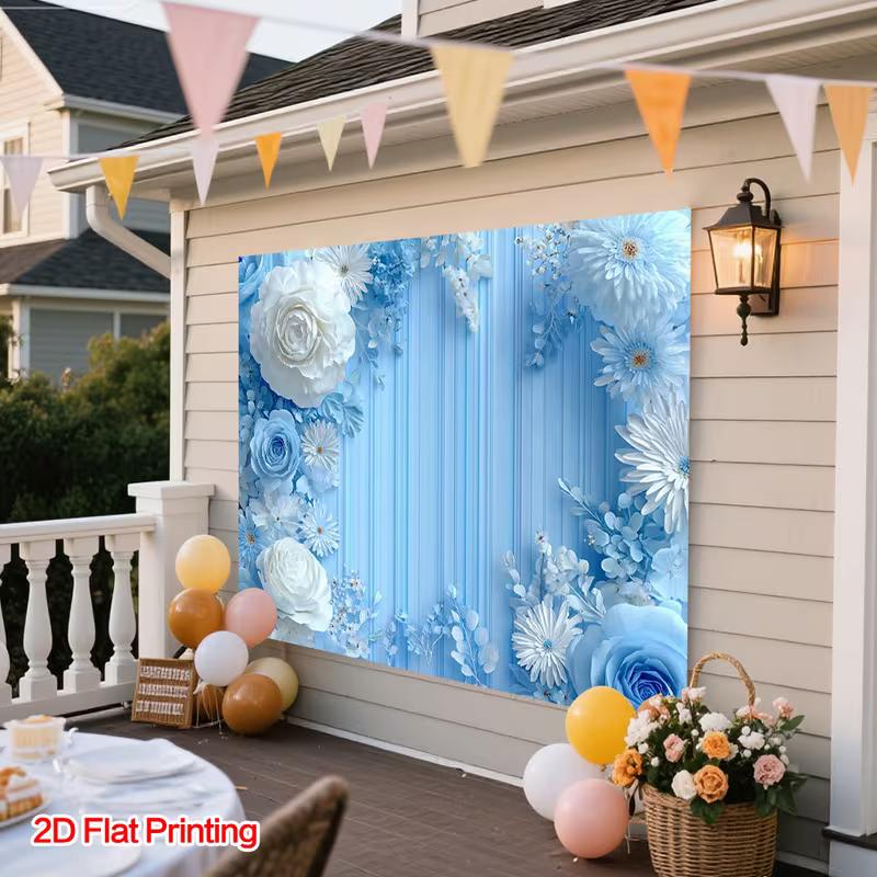 2D Blue and White Floral Backdrop for Wedding & Bridal Shower Photos