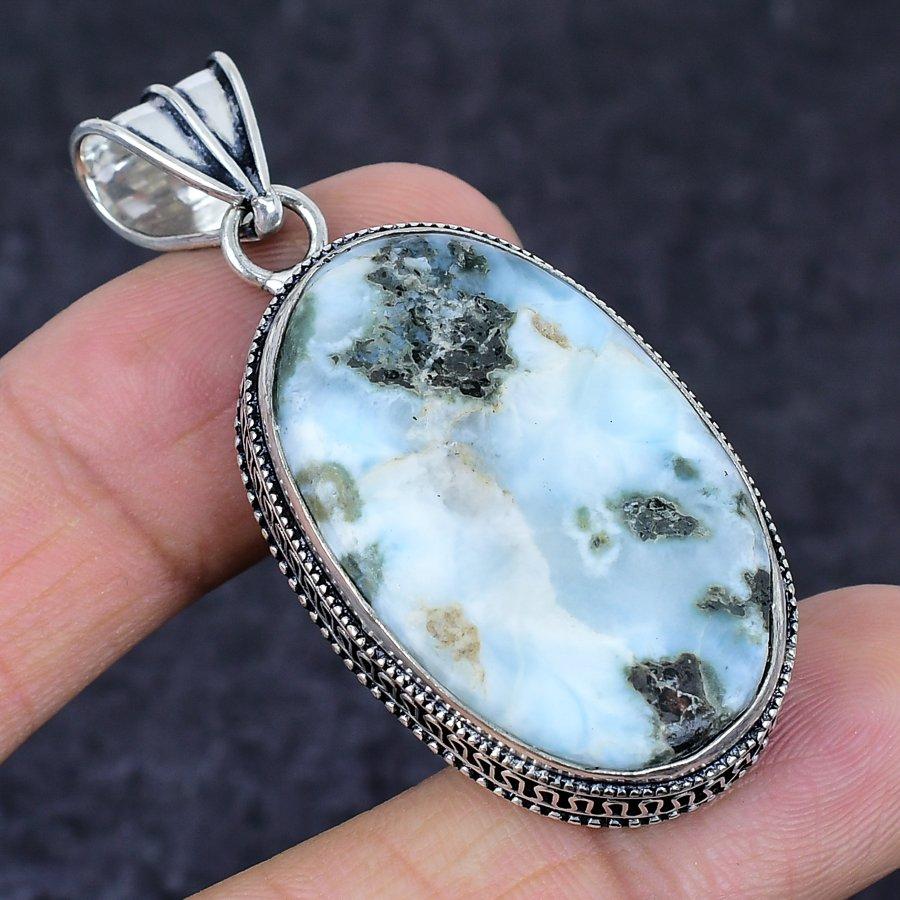 Larimar Gemstone Handmade 925 Sterling Silver Jewelry Pendant 2.17" d6L35