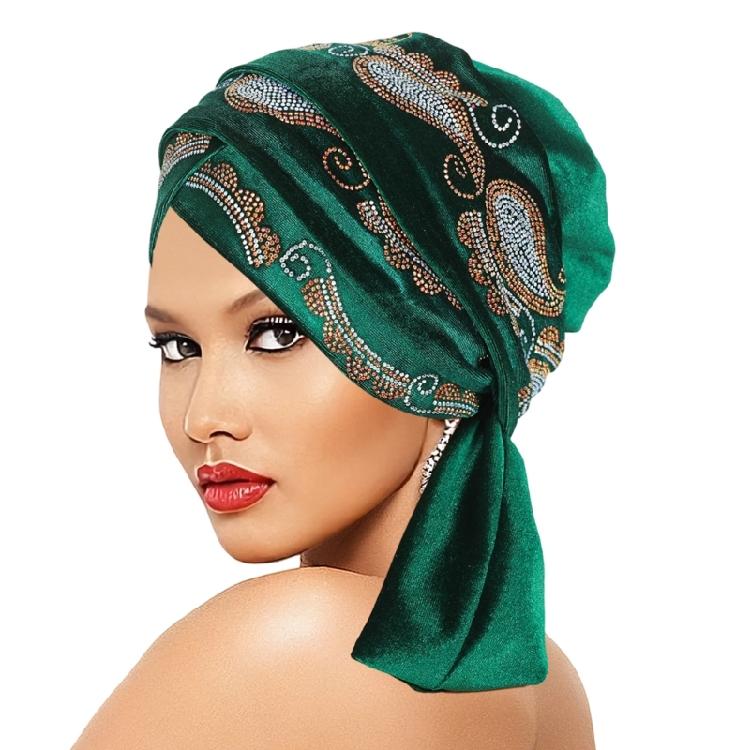 Fashion Headscarf Hat with Sparkling Rhinestones And Crossed Forehead Design Turban Hat For Chemo Women Daily Outfit темно-зеленого