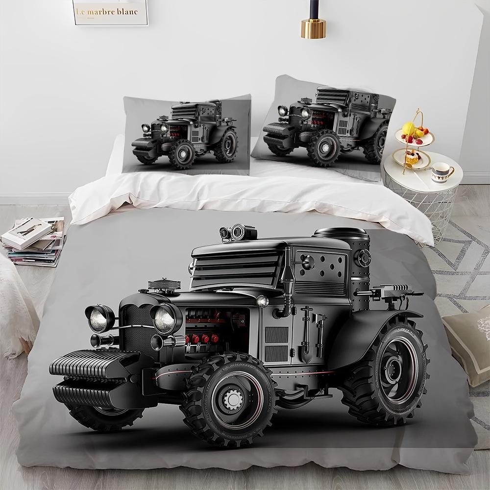 Set Biancheria da Letto Trapunta Serie Trattori Camion Auto 3D Copripiumino Set Letto Coperta Trapunta Federa Matrimoniale Regina Letto Bambini 3D