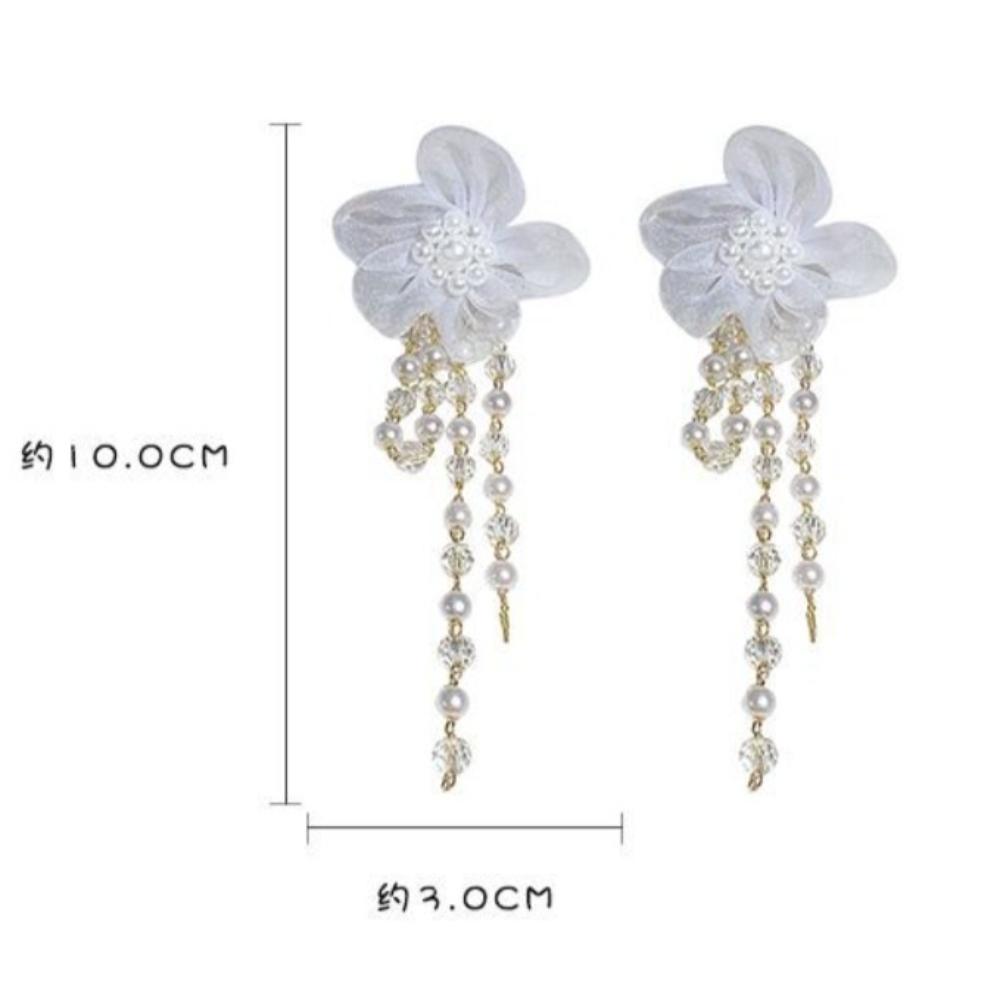 Romantic Temperament Pearl White Chiffon Flowers Long Beaded Tassels Chain Dangle Earrings for Women Bride Wedding Jewelry Gifts