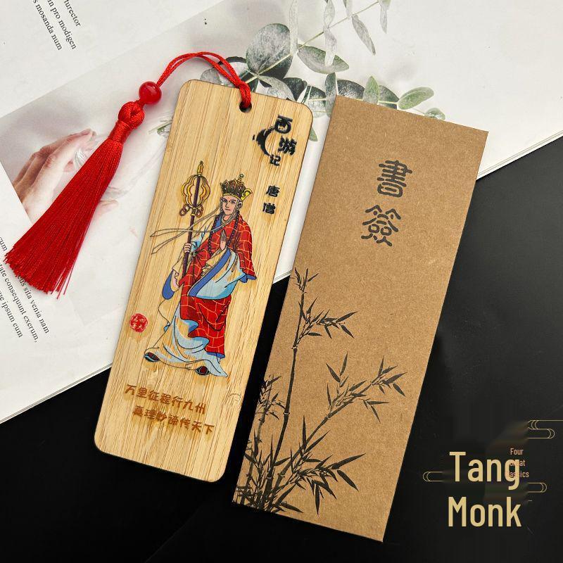 Moso Bamboo Cartoon Journey to the West Bookmark - Creative Chinese Style Wooden Gift with Tassel Bookmark