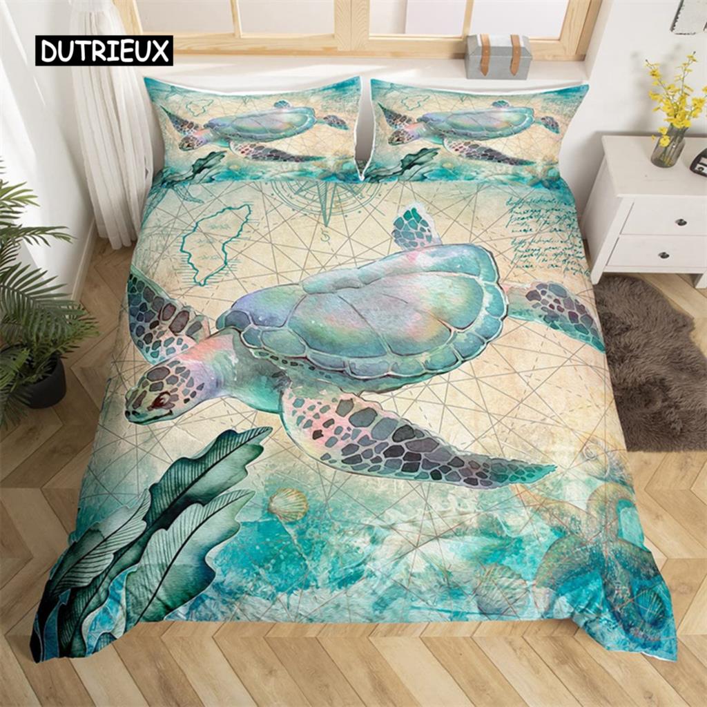 Sea Turtle Duvet Cover Sea Turtle Jellyfish Coral Reef Bedding Set Microfiber Blue Ocean Underwater World Queen King Quilt Cover