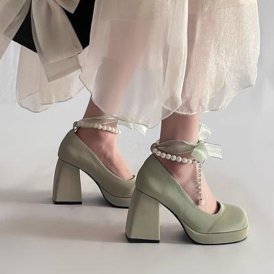 Scarpe Mary Jane con tacco alto, catena di perle e fiocco, per bambini, nuove per primavera e autunno, dolci, con tacco spesso, scarpe piccole in pelle
