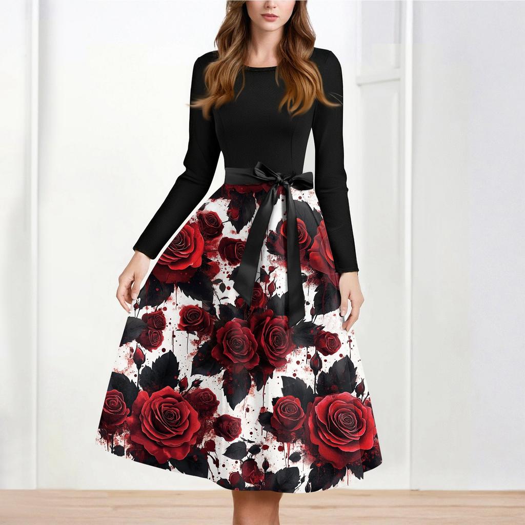 Women's Casual And Fashionable Long Sleeved R-neck Snowflake Print Dress