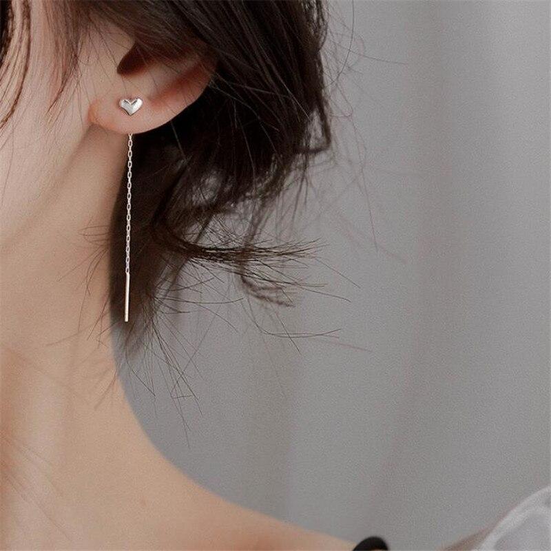 Korean 925 Sterling Silver Tassel Heart Stud Earring For Women Wedding Party Jewelry Pendientes Accessories Eh959