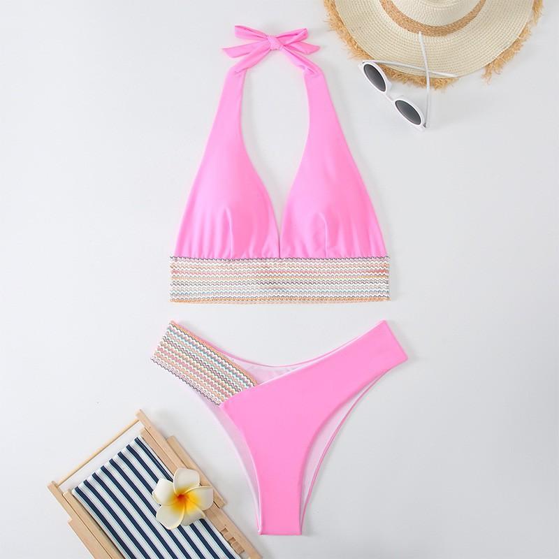 Pure Color Split Swimsuit Women Sexy Tight Bikini High Waist Neck Gathered
