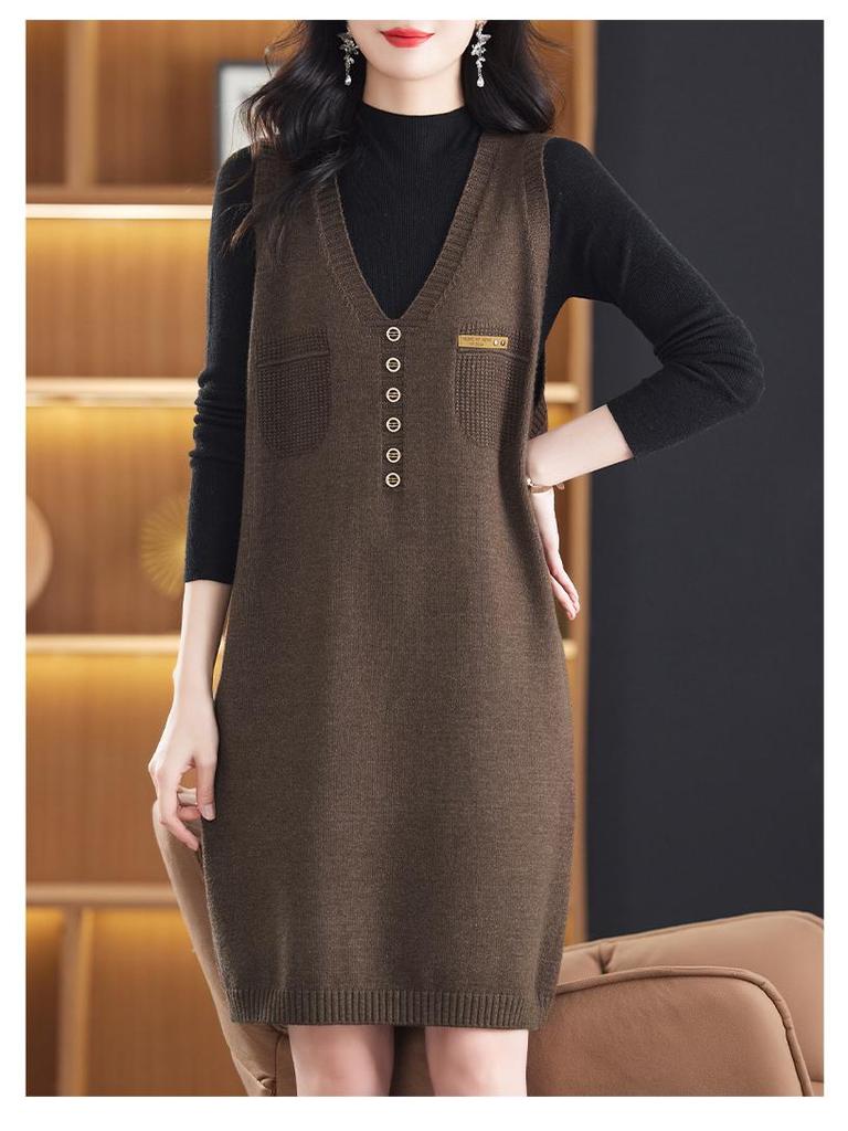 Hengyuanxiang Two-Piece Knit Vest Dress Set: Mid-Length Sweater Dress, Slimming & Tummy-Concealing for Autumn/Winter.