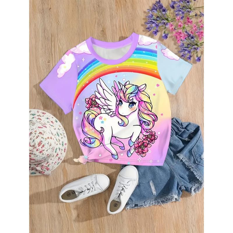 

Детская одежда Футболка для девочек с 3D принтом конфетного цвета Футболка с круглым вырезом и короткими рукавами Детская летняя повседневная одежда для девочек на открытом воздухе 140