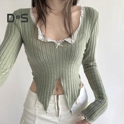 Top da Donna Scollo a V Cuciture in Pizzo Manica Lunga Orlo Irregolare Pullover Monocolore Costine Vestibilità Aderente Corti